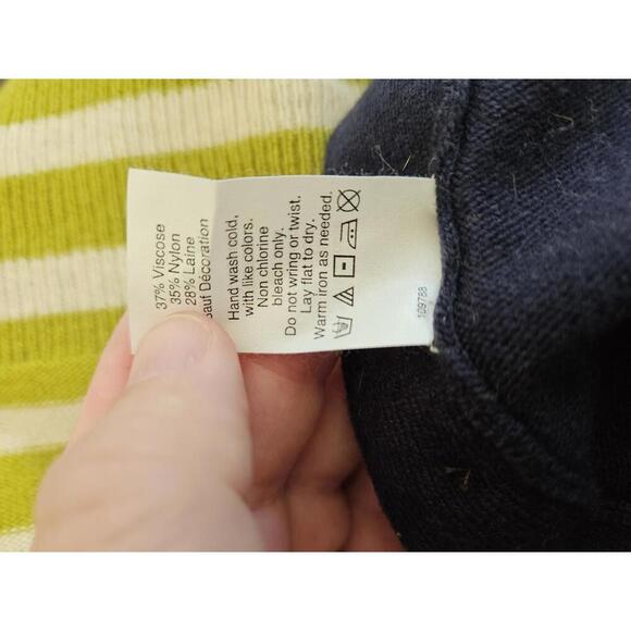 J Crew Large green & cream striped sweater and navy blue sleeves with elbow pads - Picture 5 of 5